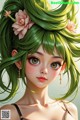 A girl with green hair and a flower in her hair.