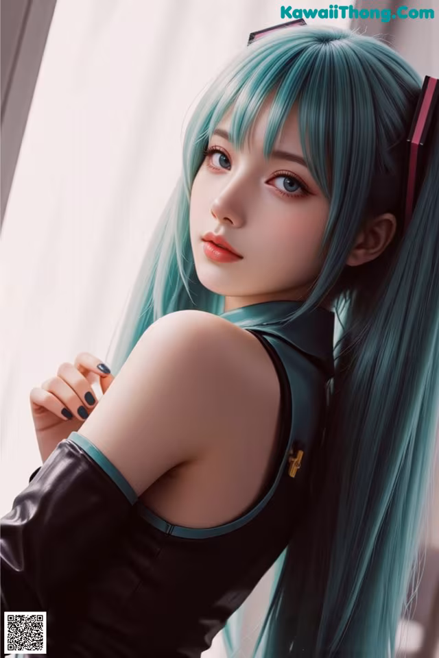 A woman with long green hair wearing a black dress.
