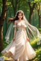 A woman in a wedding dress walking through a forest.