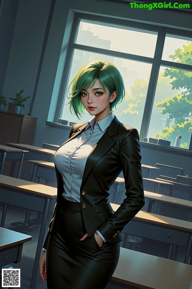 A woman in a black suit standing in front of a classroom.