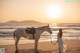 A woman standing next to a white horse on a beach.